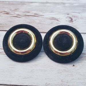 Vintage Clip On Earrings - Black Fabric & Gold Tone Circle 1 & 3/8"